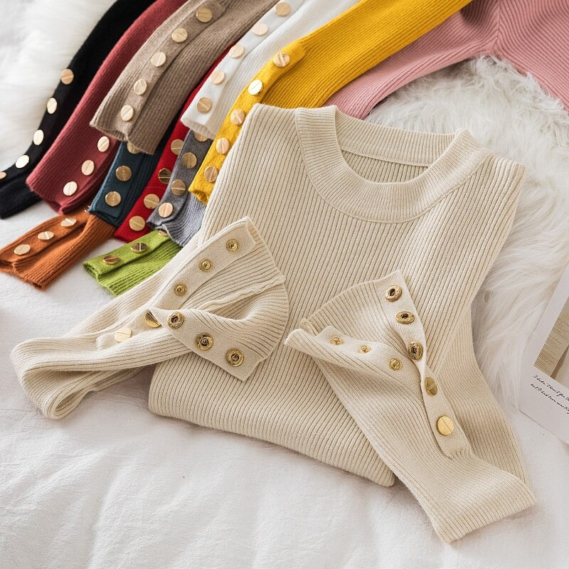 O-Neck Knitted Long Pullover With Buttons For Women