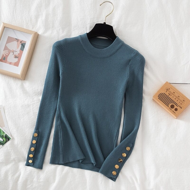 O-Neck Knitted Long Pullover For Women Blue One Size