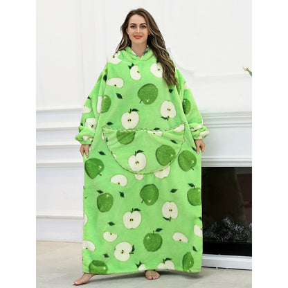 Oversized Printed Large Hoodie Wearable Blanket For Winter Green Apple One Size