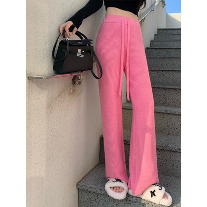 Thickened Knitted Trousers Retro Drape Wool Straight Pants Pink One Size