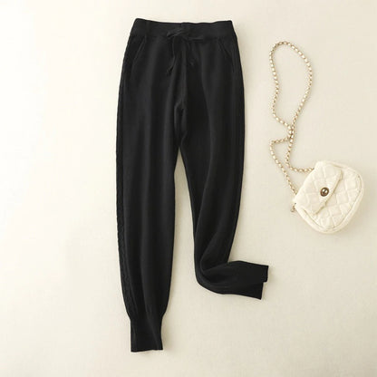 Women's Loose Elastic Waist Knitted Casual Harlan Long Pants Black One Size