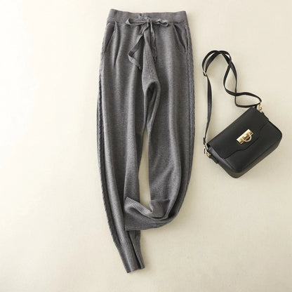 Women's Loose Elastic Waist Knitted Casual Harlan Long Pants Grey One Size