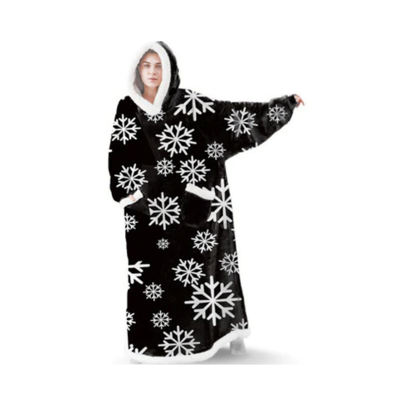 The Long Flannel Blanket Hoodie Oversized Wearable Blankets Snowflake Black