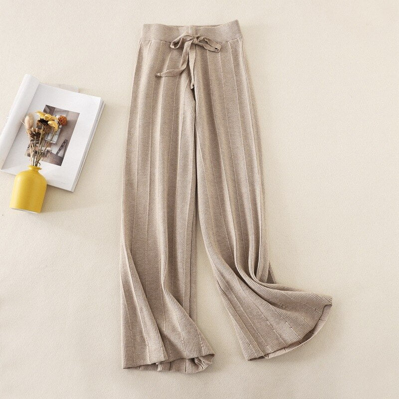 High Waist Loose Drape Straight Casual Long Pants Khaki One Size