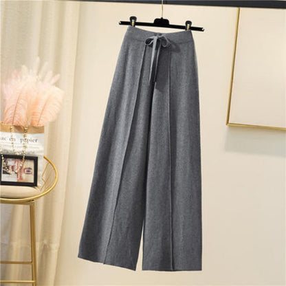 High-Waist Straight Loose Lace-Up Pants Grey One Size