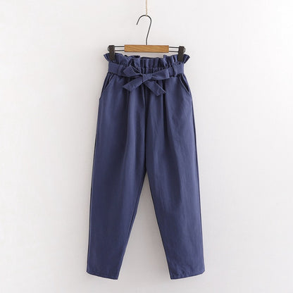 Bow Lace-Up Elastic Waist Casual Women Pants Blue One Size