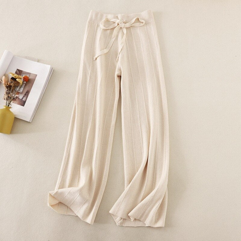 High Waist Loose Drape Straight Casual Long Pants Beige One Size