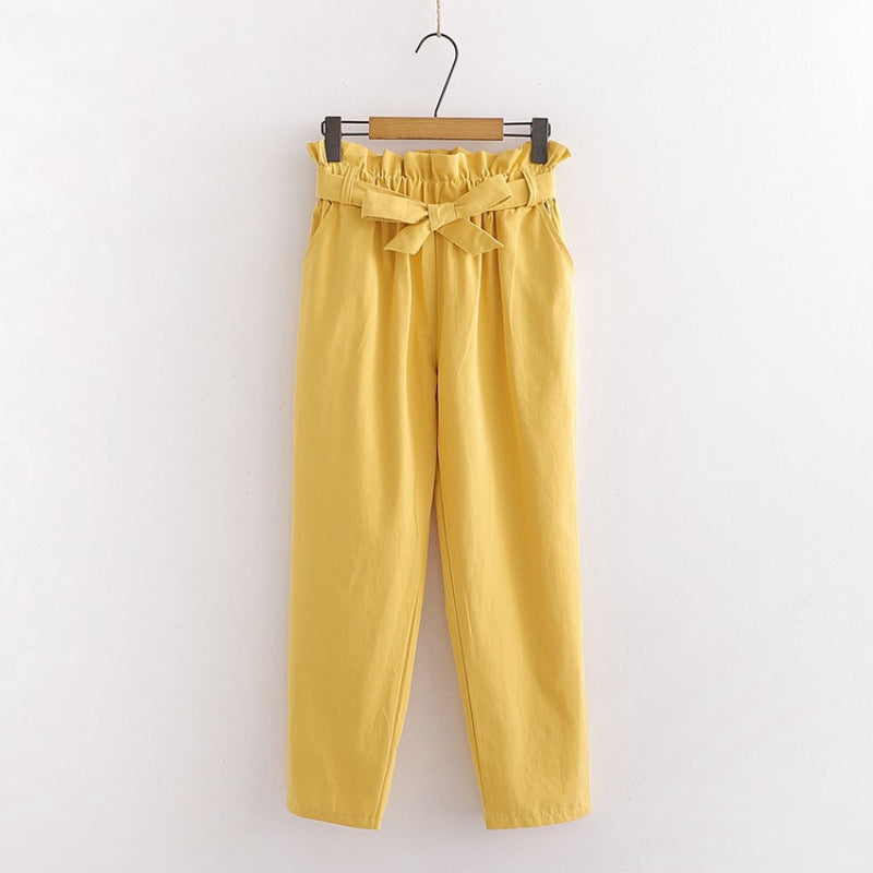 Bow Lace-Up Elastic Waist Casual Women Pants Yellow One Size