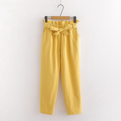 Bow Lace-Up Elastic Waist Casual Women Pants Yellow One Size