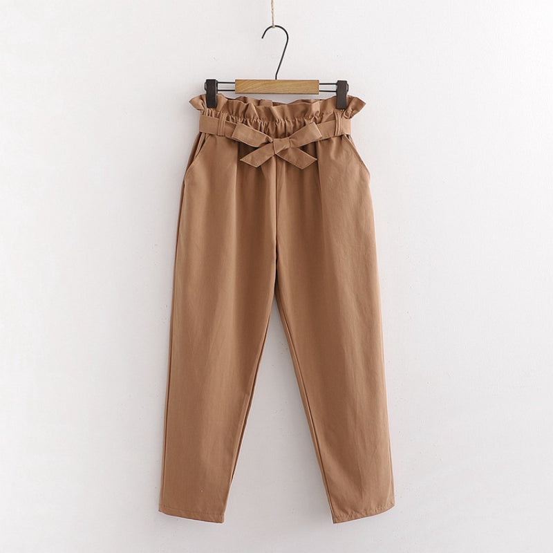 Bow Lace-Up Elastic Waist Casual Women Pants Khaki One Size