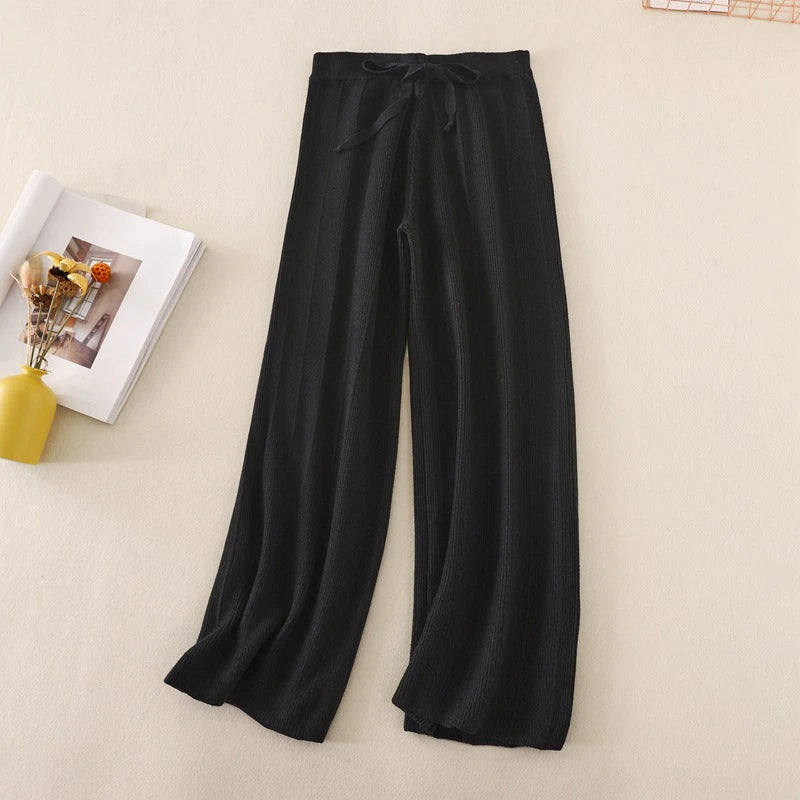 High Waist Loose Drape Straight Casual Long Pants Black One Size