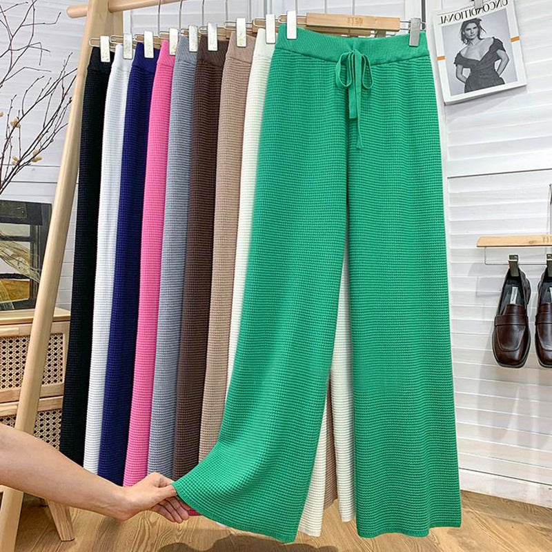 Thickened Knitted Trousers Retro Drape Wool Straight Pants Green One Size