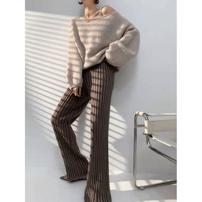 Knitted Wide-Leg High-Waist Pants Coffee One Size