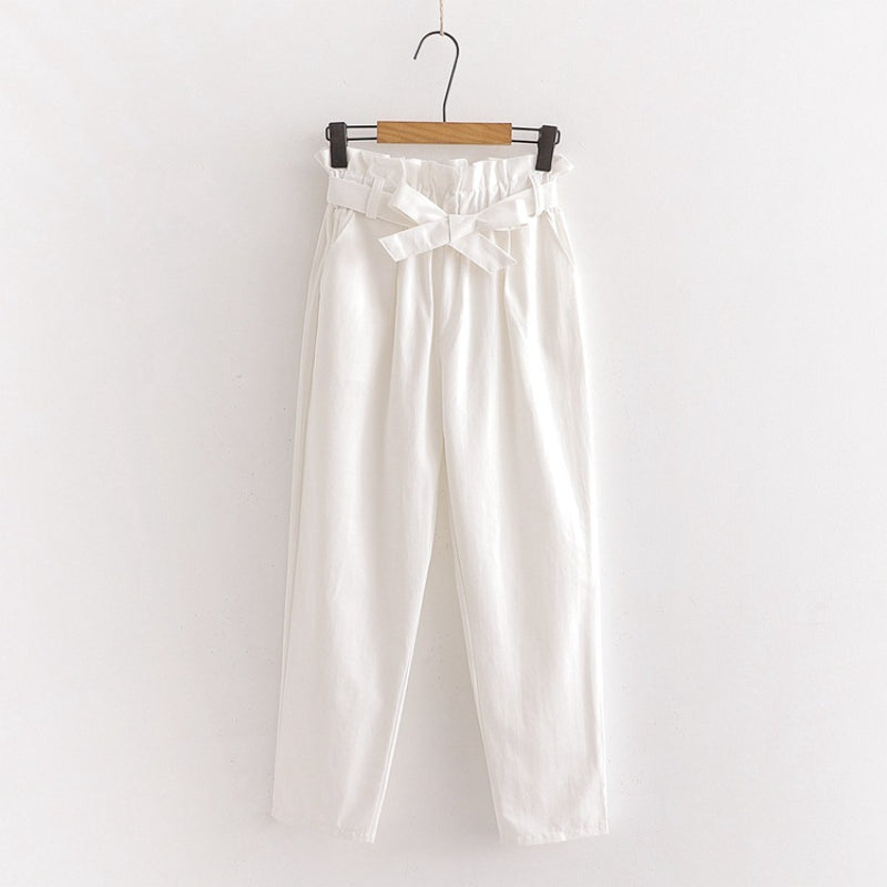 Bow Lace-Up Elastic Waist Casual Women Pants White One Size