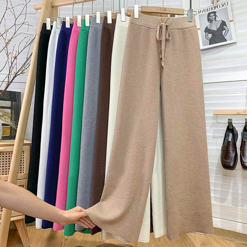 Thickened Knitted Trousers Retro Drape Wool Straight Pants Blue One Size