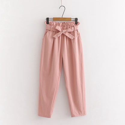 Bow Lace-Up Elastic Waist Casual Women Pants Pink One Size