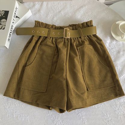 Women Corduroy Casual Straight Shorts With Belt Green One Size