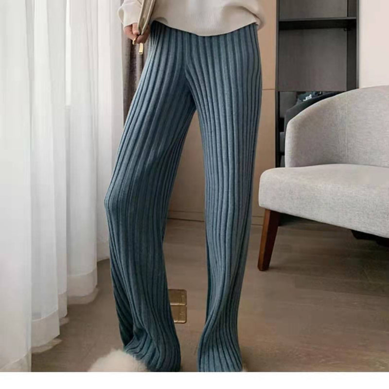 Knitted Wide-Leg High-Waist Pants Blue One Size