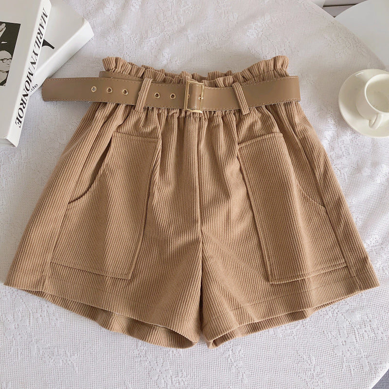 Women Corduroy Casual Straight Shorts With Belt Khaki One Size