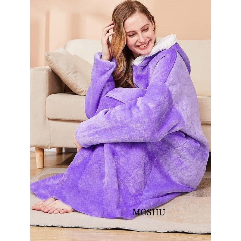 Loose Long Flannel Warm Wearable Blanket Hoodie Purple One Size