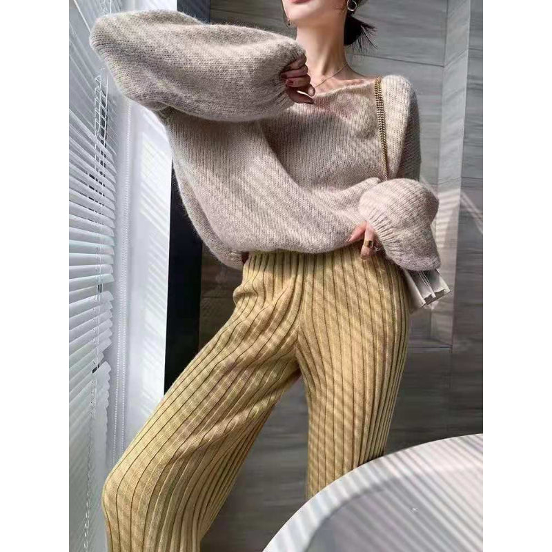 Knitted Wide-Leg High-Waist Pants Yellow One Size