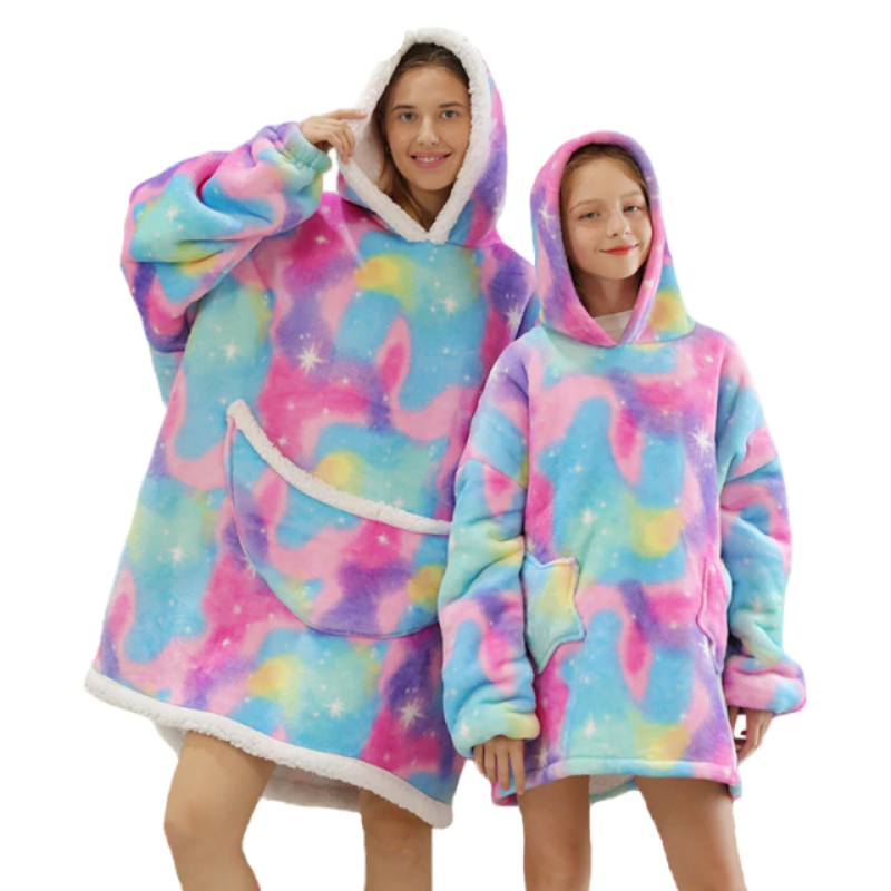 The Lovely Mom and Daughter Blanket Hoodie Purple Starry