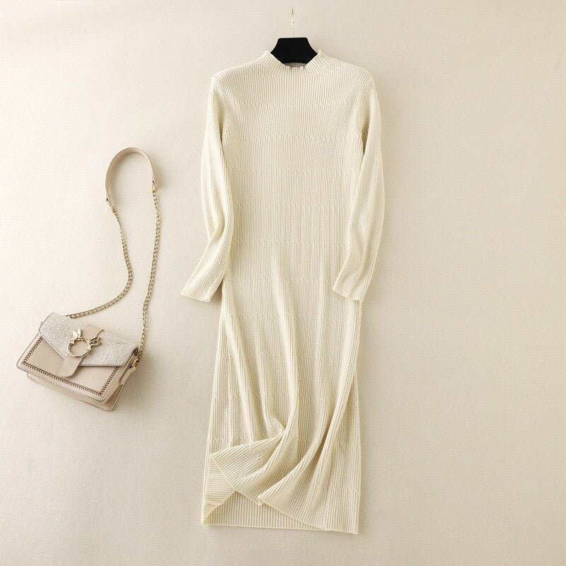 Mock Neck Slim A-Line Sweater Dress One Size Beige