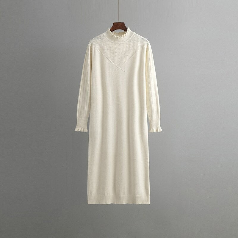 Loose Turtleneck Elastic Sweater Knitted Dress For Women Off-White