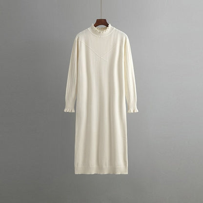 Loose Turtleneck Elastic Sweater Knitted Dress For Women Off-White