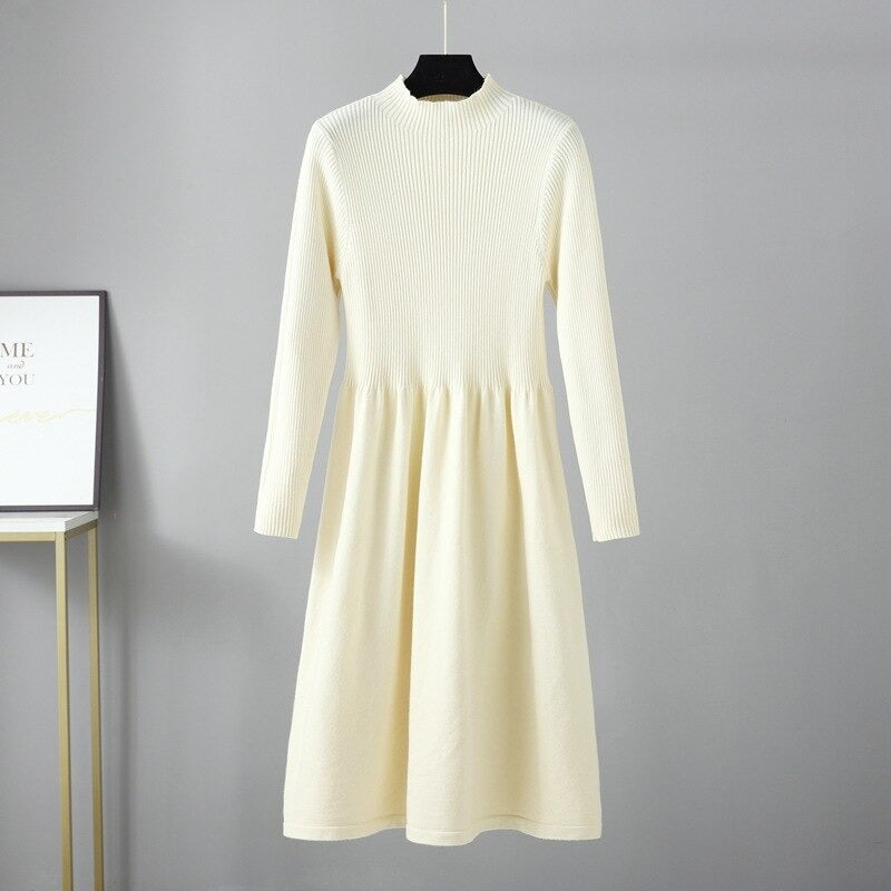 Knitted Ribbed Warm Sweater Dress One Size Off-White