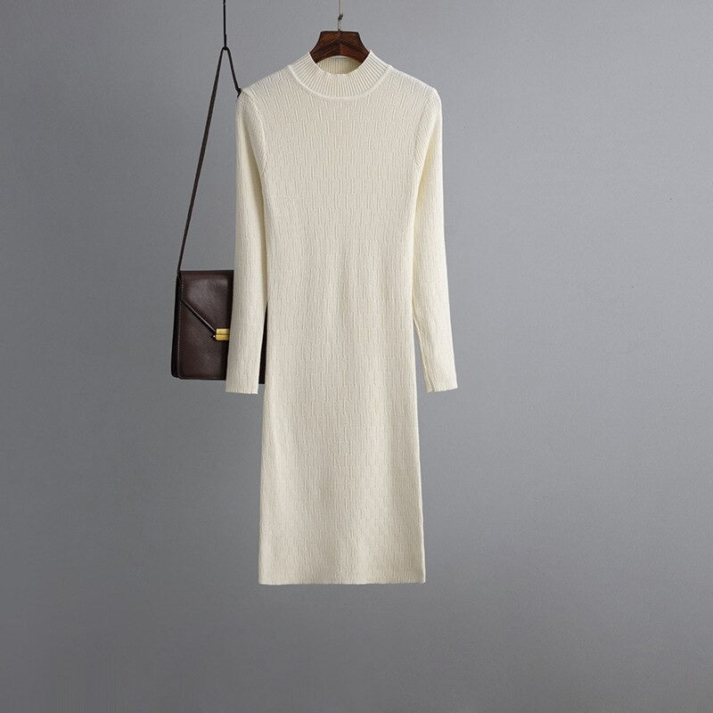 Knee-Length Ribbed Casual Sweater Dress For Women Off-White One Size