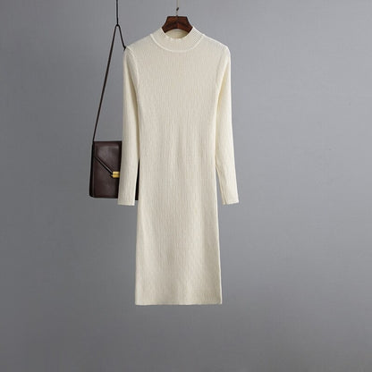 Knee-Length Ribbed Casual Sweater Dress For Women Off-White One Size