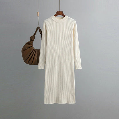 Basic O-Neck Loose Sweater Dress For Women Off-White One Size