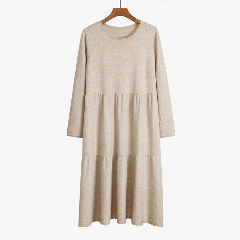 Thick Warm O-Neck Long Knit Sweater Dress For Women Beige One Size