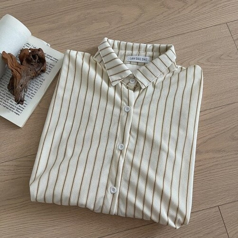 Korean Stripe Loose Thin Blouse Shirt For Women Apricot One Size