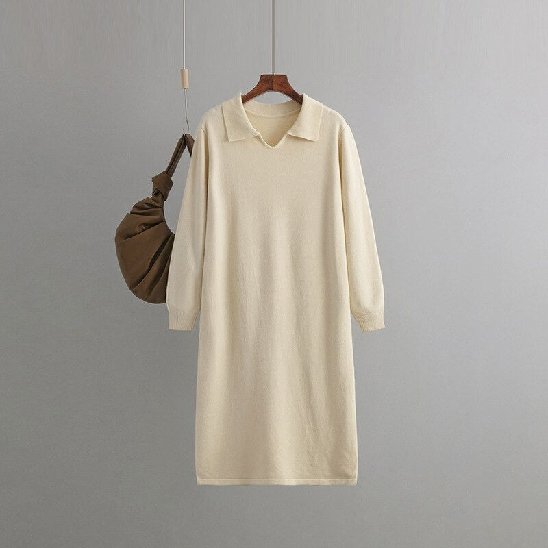 Polo Neck Loose Oversized Knitted Sweater Dress One Size Off-White