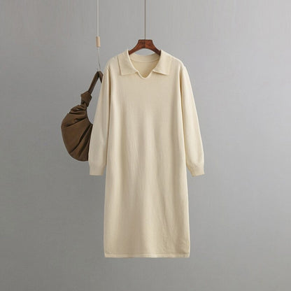 Polo Neck Loose Oversized Knitted Sweater Dress One Size Off-White