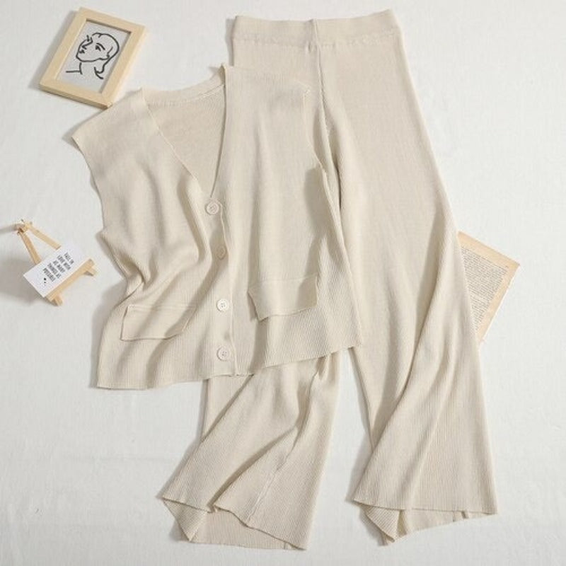 Retro Knitted Loose V-Neck Top And Pants Sets One Size Beige