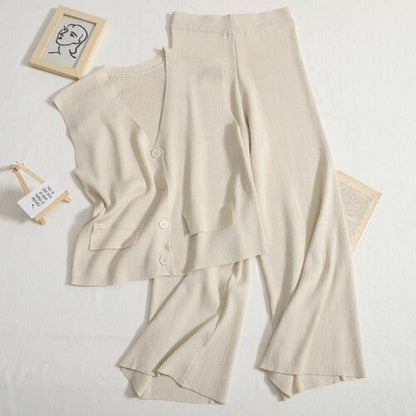 Retro Knitted Loose V-Neck Top And Pants Sets One Size Beige