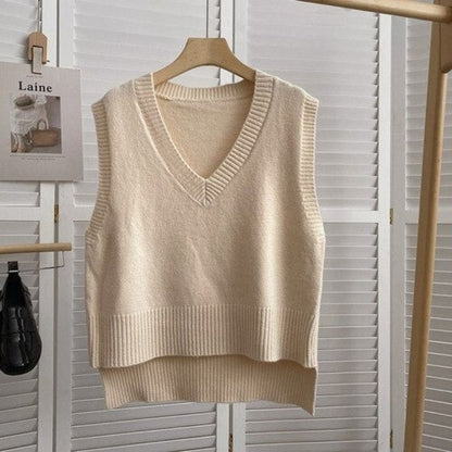 Loose Knitted V-Neck Sweater Vest For Women Beige One Size