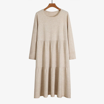 O-Neck Long Knitted Straight Oversized Sweater Dress Beige One Size