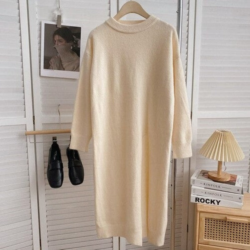 Women's Slitted Long-Sleeve Knitted Sweater Dress One Size Beige