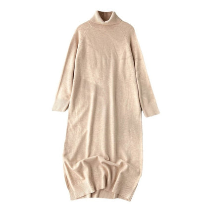 Loose Turtleneck Knitted Long Sleeve Sweater Dress One Size Beige