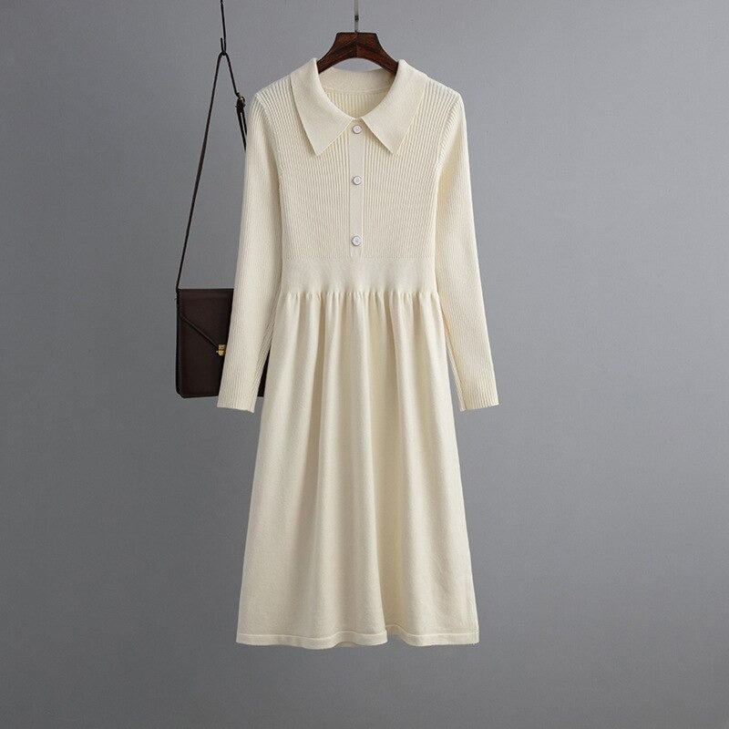 Long Pleated V-Neck A-Line Knitted Sweater Dress One Size Off-White