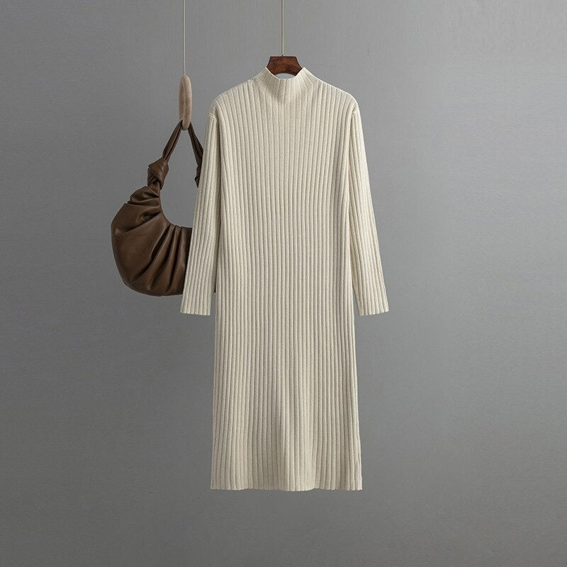 Turtleneck Tunic Knitted Slim Fit Sweater Dress One Size Off-White