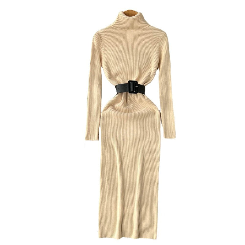 Long Turtleneck A-Line Knitted Bodycon Dress With Belt One Size Beige