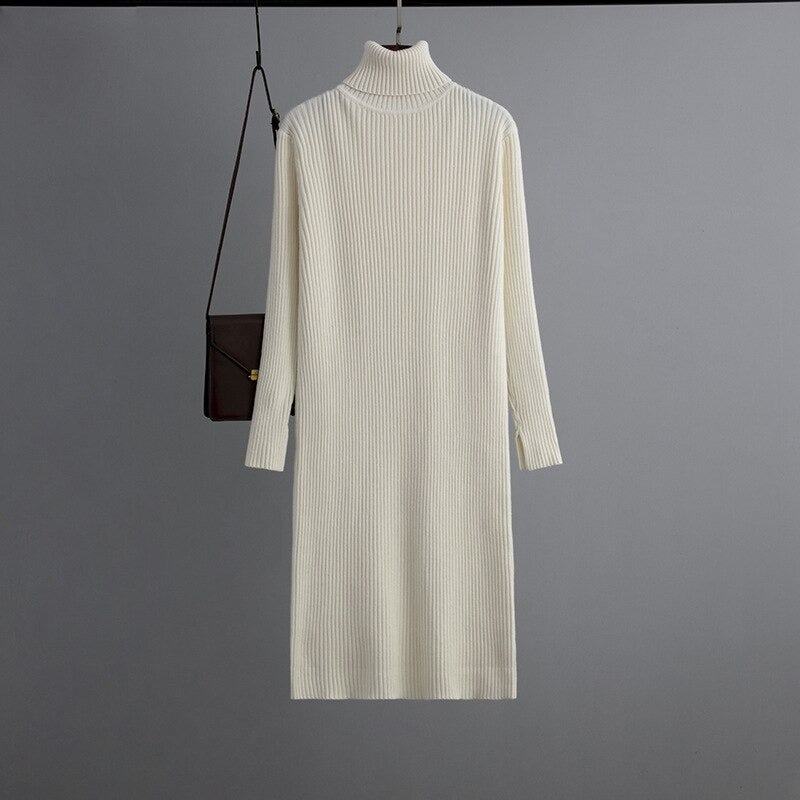 Turtleneck Ribbed Sweater Long Dress Off-White One Size