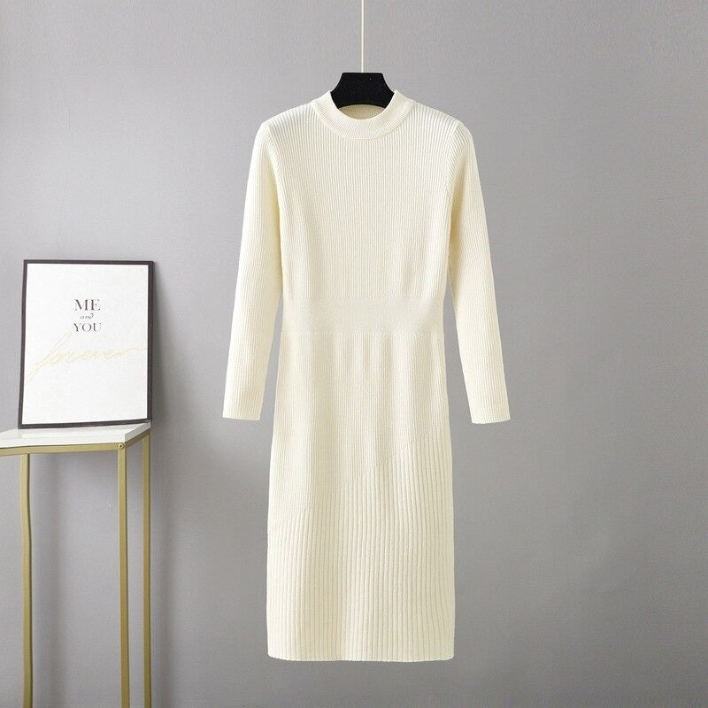 Half Turtleneck Over-The-Knee Fit Knitted Sweater Dress One Size Off-White