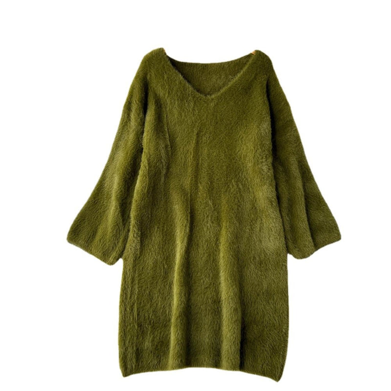 Loose V-Neck Vintage Knitted Sweater Dress One Size Green