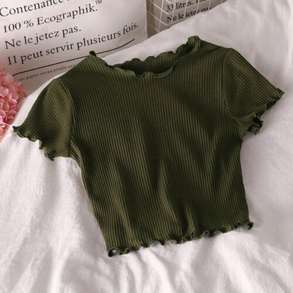 Korean Slim Curl Short Stripe T-Shirts For Women Dark Green One Size